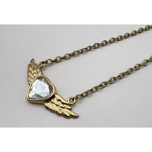 Winged Heart Pendant Necklace Gold Tone Chain with Rhinestone Center DS - Picture 5 of 7